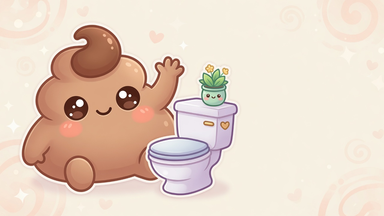Poopy, PoopRx's cartoon mascot, waving hello next to a cheerful cartoon toilet